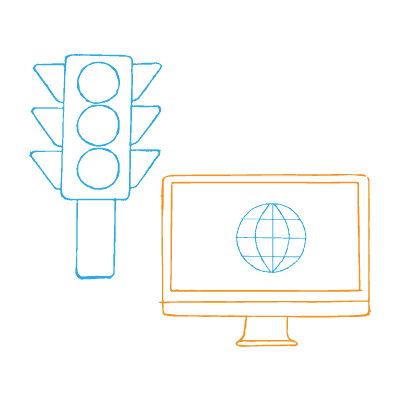 Stoplight and computer screen with a globe on it.