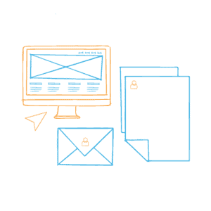 Brand Yourself — Envelopes, computer screen with email, sheets of paper