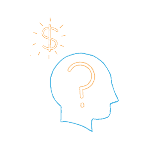 A silhouette of a person's head with a question mark inside and a dollar sign outside