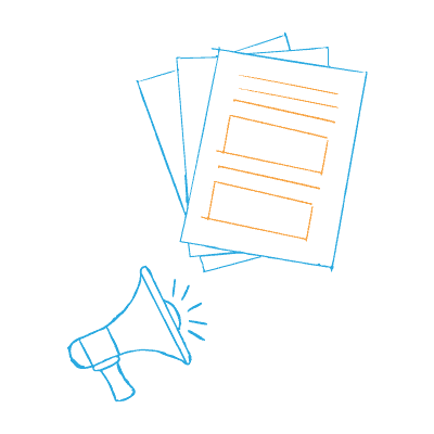 A megaphone and printed pages of a website — B2B content marketing is all about getting your message out to an audience by whatever means necessary
