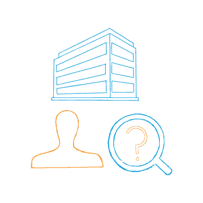A silhouette, a building, a question mark under a magnifying glass.
