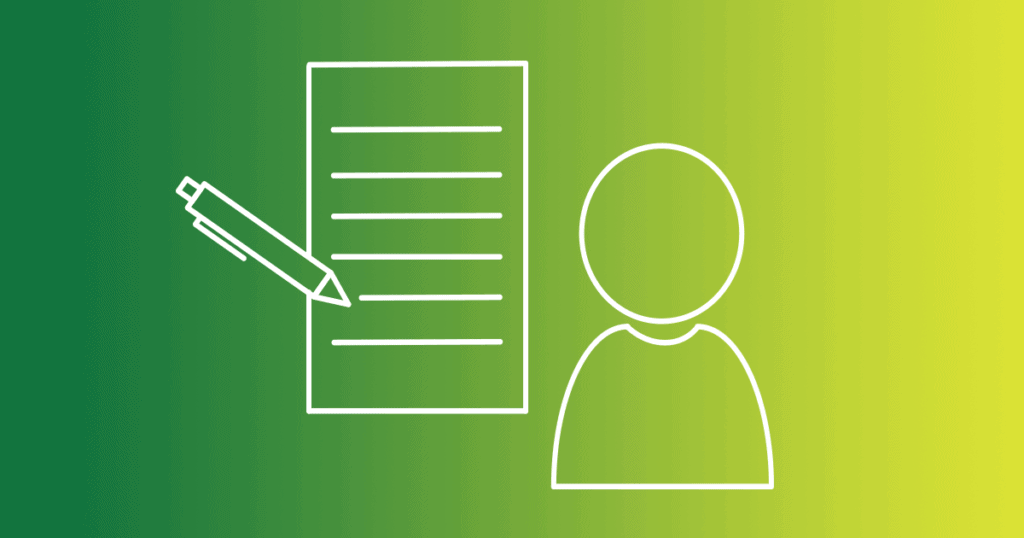 A graphic of a person sits next to one of a sheet of paper with a pen on a green gradient background. The key to writing content for your website is to focus on your customers, which most marketers don't do. Don't make the same mistake, and learn how to write customer-centric content. 