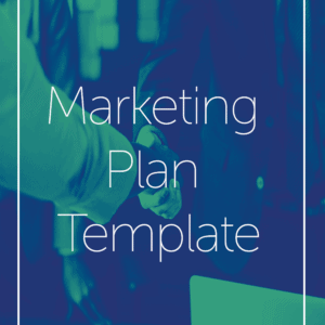 Two people shake hands under a text box that says, "marketing plan template." The image has a blue gradient. The marketing plan template can help you achieve all your marketing goals, with information on branding, web design, and content creation.
