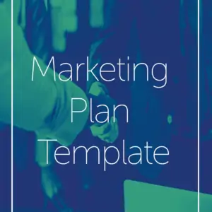 Two people shake hands under a text box that says, "marketing plan template." The image has a blue gradient. The marketing plan template can help you achieve all your marketing goals, with information on branding, web design, and content creation.