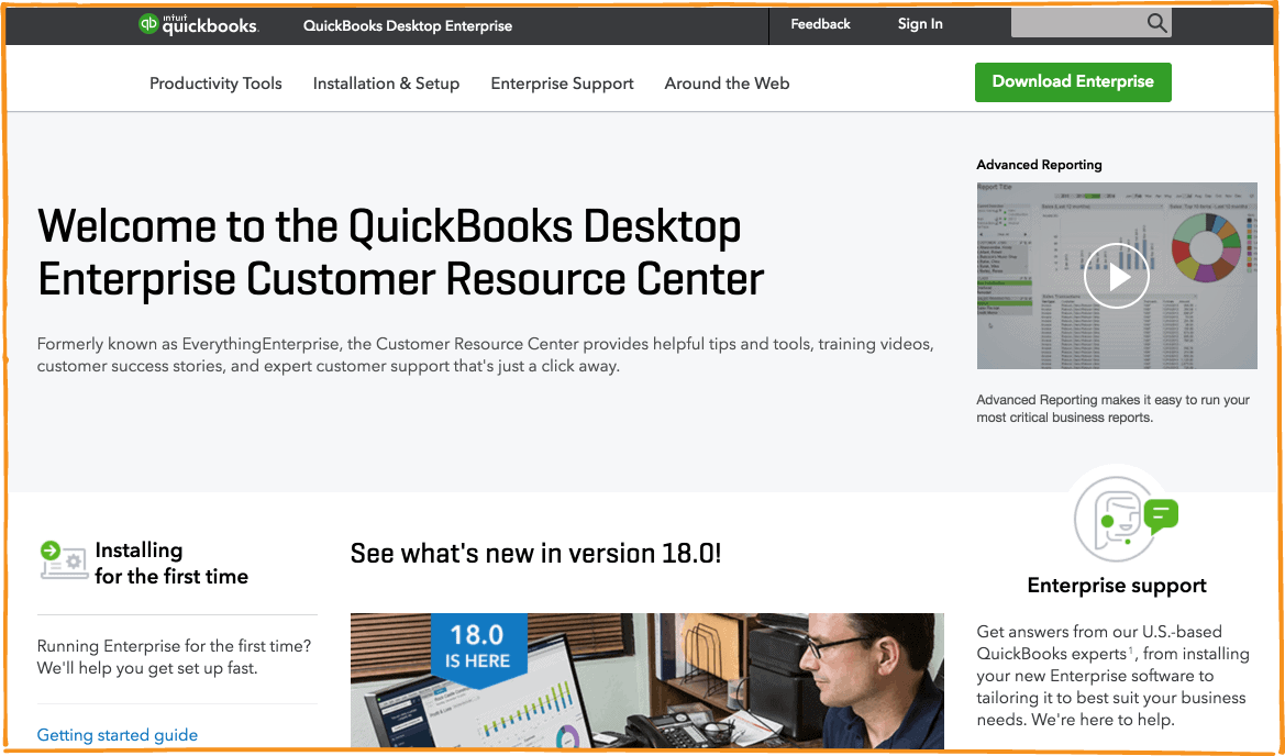 Screenshot of QuickBooks Desktop Enterprise Customer Resource Center