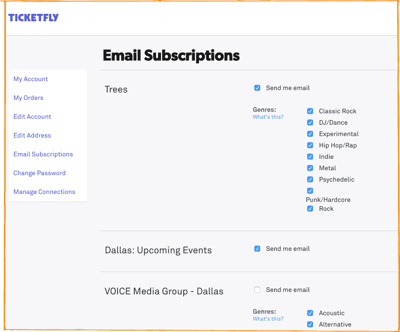 Screenshot of Ticketfly email subscriptions page