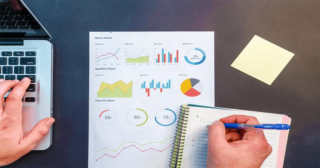 A person works diligently studying graphs and taking notes. Learn how to measure the efficiency of your marketing efforts by focusing on the data that means the most.