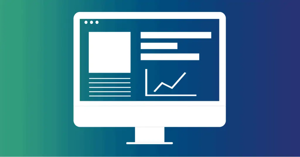 A computer on a blue gradient background shows a website layout on the screen. A simple website that loads fast, and looks beautiful, is a great way to attract business and get people to stay on your site longer.