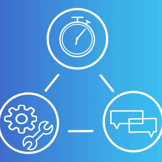 Three circles contain graphics, a chronograph, a message box, and a gear and wrench, pictured on a blue background. Managing your marketing projects can be a huge effort, but good management tools can simplify the process.
