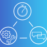 Three circles contain graphics, a chronograph, a message box, and a gear and wrench, pictured on a blue background. Managing your marketing projects can be a huge effort, but good management tools can simplify the process.