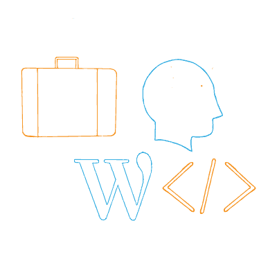 Brand Yourself — Outline of a person's head, brackets for coding, WordPress logo, briefcase