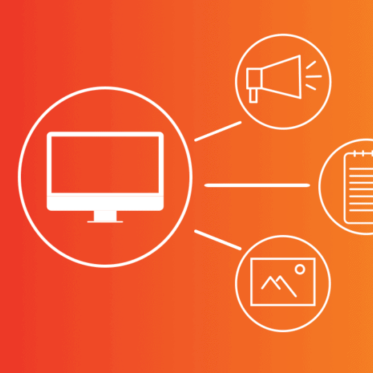Four linked circles containing a monitor, a megaphone, a picture, and a notebook, are drawn in white on an orange background. These are forms of content, which is information that holds value for customers and can help make sales.