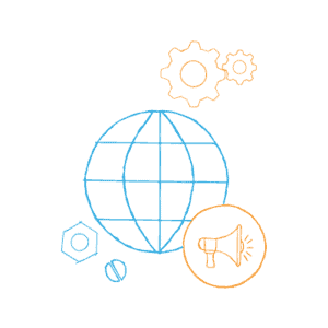 DIY Internet marketing — globe with gears and a megaphone around it.