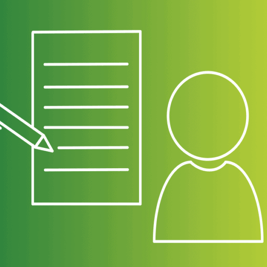 A graphic of a person sits next to one of a sheet of paper with a pen on a green gradient background. The key to writing content for your website is to focus on your customers, which most marketers don't do. Don't make the same mistake, and learn how to write customer-centric content.