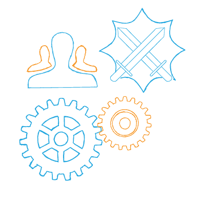 Marketing Problems — Outlines of gears, crossed swords, people