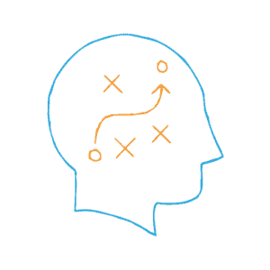 SMART action plan — blue outline of a person's head with simplified football strategy with x's and o's and an arrow showing a route.