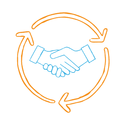 The importance of customer loyalty and customer retention cannot be overstated — two blue hands shaking surrounded by three orange arrows