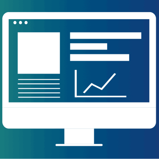 A computer on a blue gradient background shows a website layout on the screen. A simple website that loads fast, and looks beautiful, is a great way to attract business and get people to stay on your site longer.